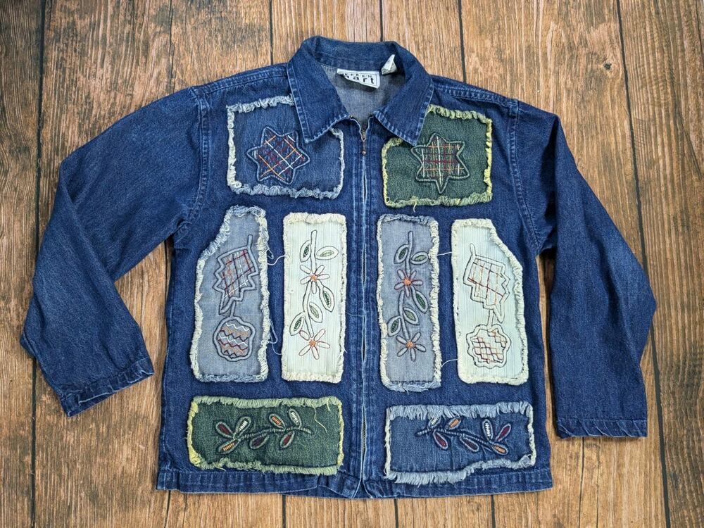 Vintage Keren Hart Teacher Denim Jacket Patchwork Artsy Blue Size Medium